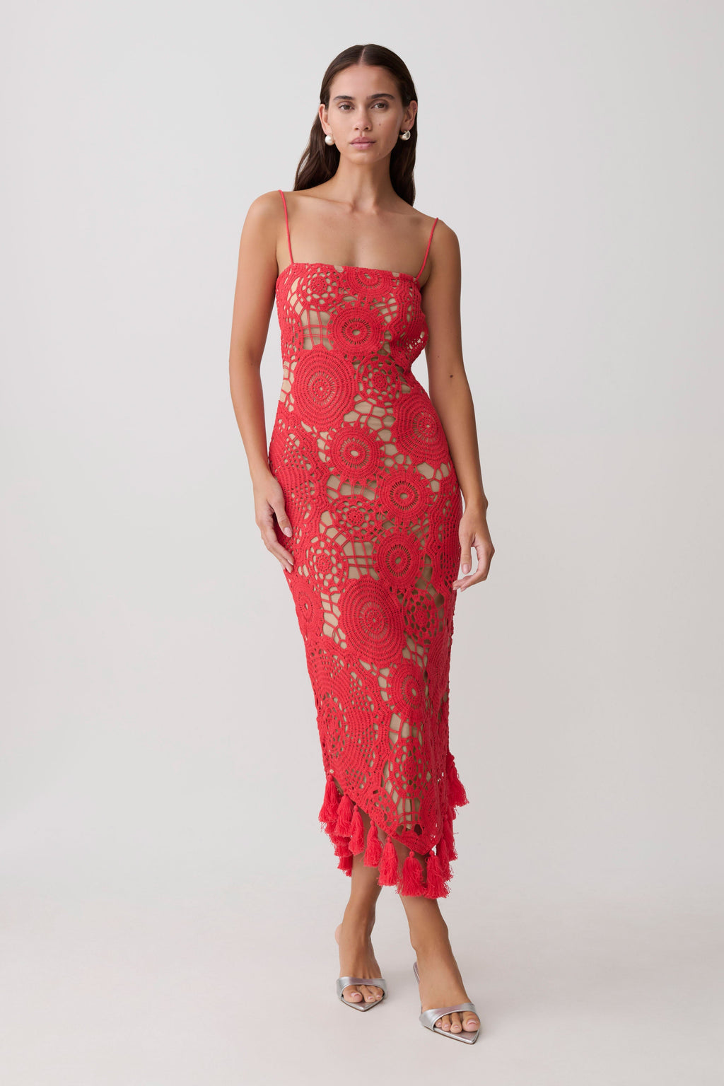 Delta Crochet Halter Midi Dress - Red